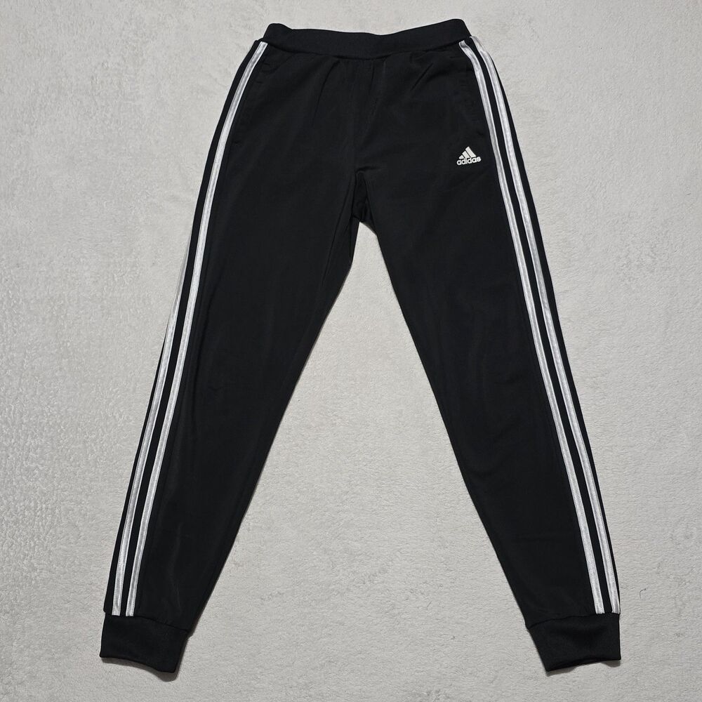 adidas Girls Sz L (14) Tricot Jogger Track Pants Black White 3-Stripe Activewear
